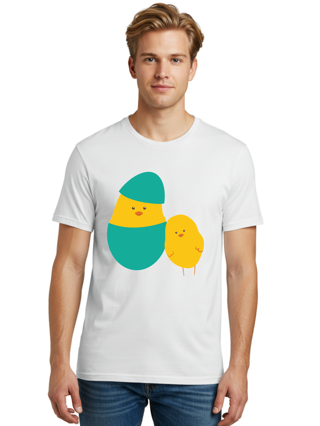 Easter-Chick-And-Hatching-Chick Men'S Graphic Tee, 100% Cotton, Comfortable Casual Summer Wear, Machine Washable, Hatching Chick, Yellow Chick, Cartoon Character, Teal Egg, Newborn Animal, Cute Illustration, Nursery Art, Easter Theme, Aac669