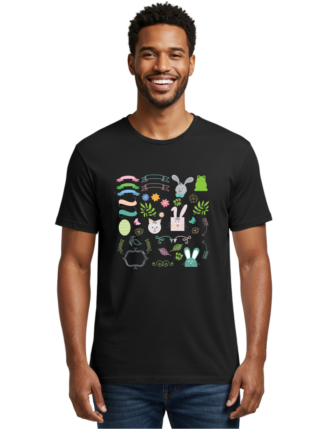 Easter-Clipart Men'S Graphic Tee, 100% Cotton, Comfortable Casual Summer Wear, Machine Washable, Bunny, Easter Eggs, Cat Face, Frog, Flowers, Butterflies, Leaves, Gift Box, Spring Decorations, Pastel Colors, Easter Basket Aac670