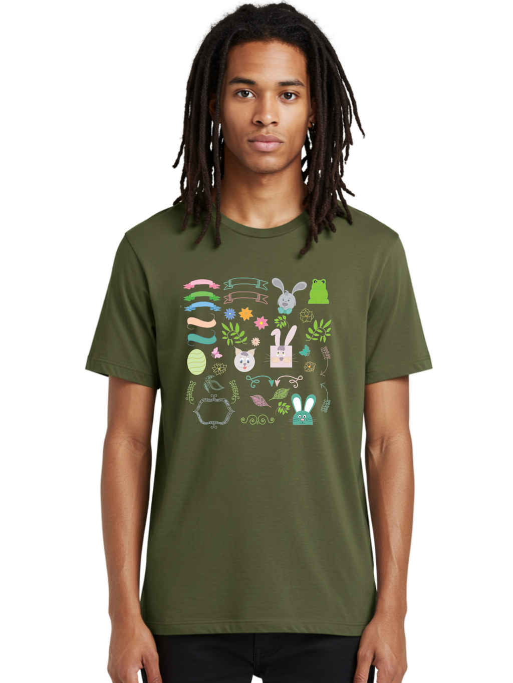 Easter-Clipart Men'S Graphic Tee, 100% Cotton, Comfortable Casual Summer Wear, Machine Washable, Bunny, Easter Eggs, Cat Face, Frog, Flowers, Butterflies, Leaves, Gift Box, Spring Decorations, Pastel Colors, Easter Basket Aac670