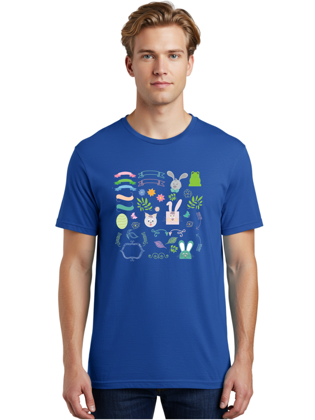 Easter-Clipart Men'S Graphic Tee, 100% Cotton, Comfortable Casual Summer Wear, Machine Washable, Bunny, Easter Eggs, Cat Face, Frog, Flowers, Butterflies, Leaves, Gift Box, Spring Decorations, Pastel Colors, Easter Basket Aac670