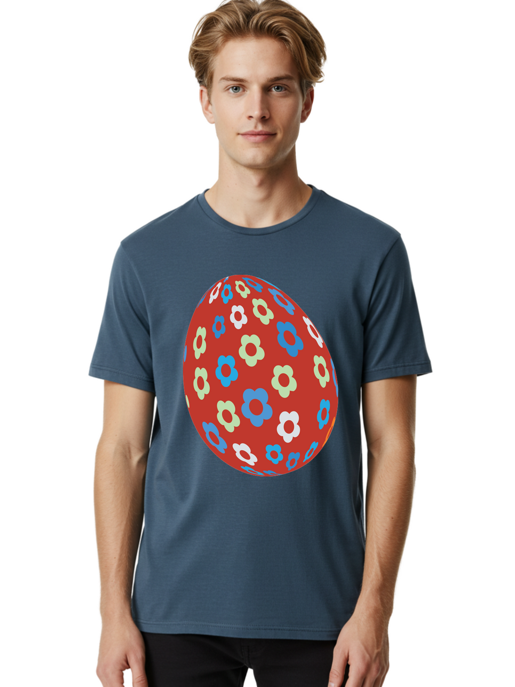 Easter-Egg-1 Men'S Graphic Tee, 100% Cotton, Comfortable Casual Summer Wear, Machine Washable, Easter Egg, Floral Pattern, Colorful Flowers, Red Egg, Blue Flowers, White Flowers, Green Flowers, Festive Design, Spring Theme, Decorated Egg, Aac671