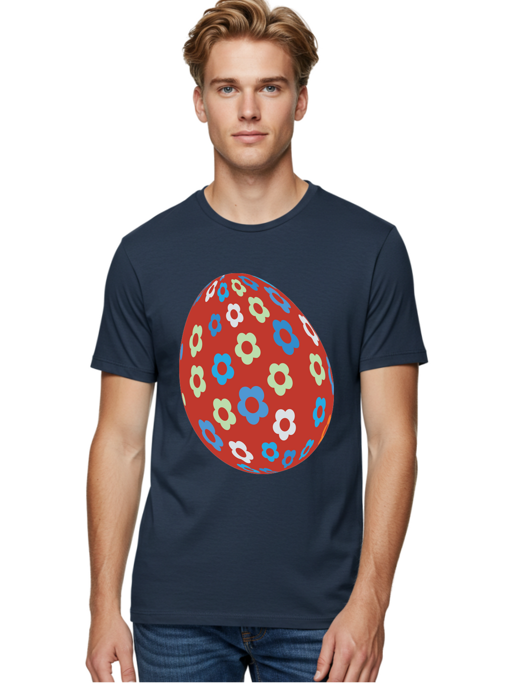 Easter-Egg-1 Men'S Graphic Tee, 100% Cotton, Comfortable Casual Summer Wear, Machine Washable, Easter Egg, Floral Pattern, Colorful Flowers, Red Egg, Blue Flowers, White Flowers, Green Flowers, Festive Design, Spring Theme, Decorated Egg, Aac671