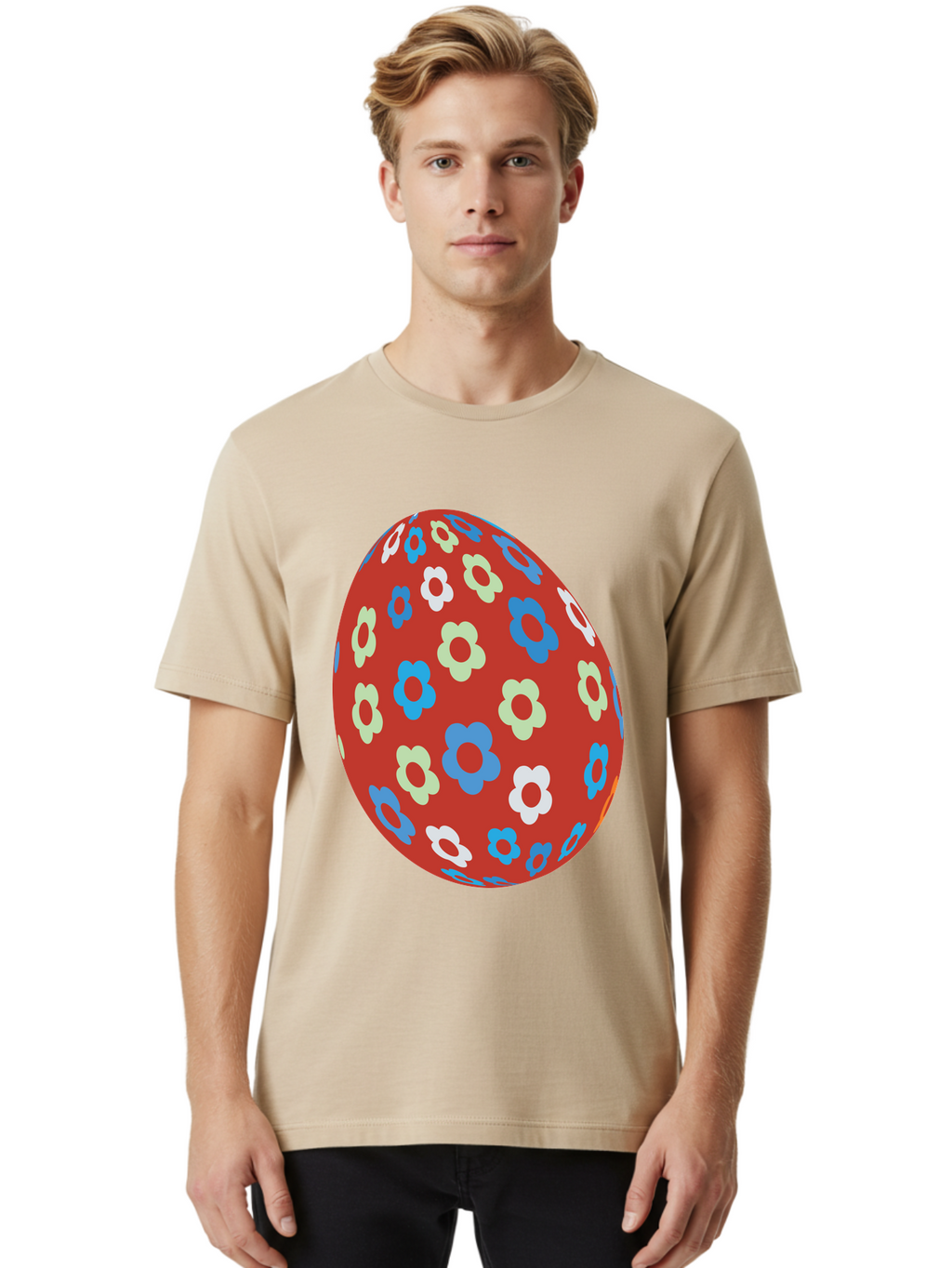Easter-Egg-1 Men'S Graphic Tee, 100% Cotton, Comfortable Casual Summer Wear, Machine Washable, Easter Egg, Floral Pattern, Colorful Flowers, Red Egg, Blue Flowers, White Flowers, Green Flowers, Festive Design, Spring Theme, Decorated Egg, Aac671