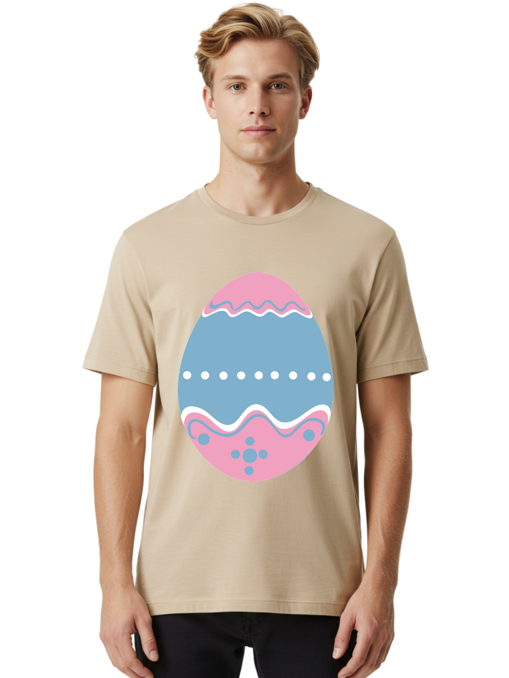 Easter-Egg-3 Men'S Graphic Tee, 100% Cotton, Comfortable Casual Summer Wear, Machine Washable, Easter Egg, Pink And Blue Egg, Decorated Egg, Wavy Lines, White Dots, Blue And Pink Swirls, Pastel Colors, Spring Decoration, Easter Theme, Aac673