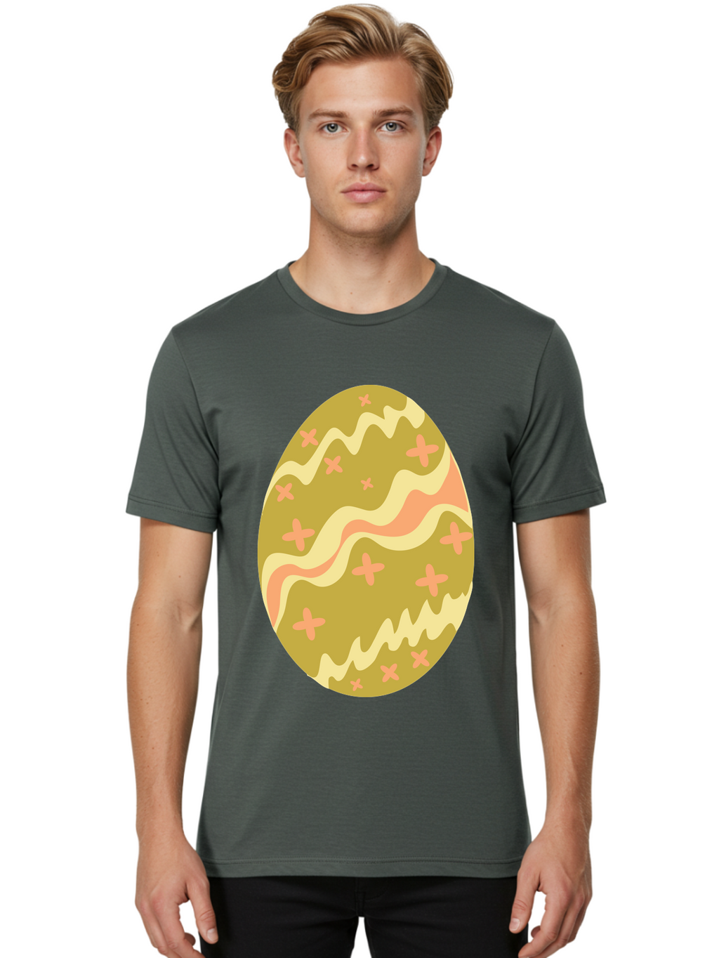 Easter-Egg-4 Men'S Graphic Tee, 100% Cotton, Comfortable Casual Summer Wear, Machine Washable, Easter Egg, Pastel Colors, Wavy Lines, Pink Crosses, Decorated Egg, Spring Theme, Festive Design, Easter Decoration, Egg Hunt Aac674