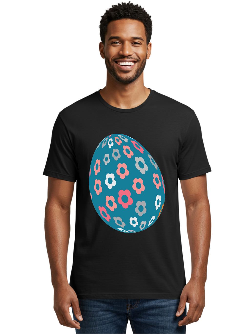 Easter-Egg Men'S Graphic Tee, 100% Cotton, Comfortable Casual Summer Wear, Machine Washable, Blue Easter Egg, Floral Pattern, Pink And White Flowers, Spring Decoration, Easter Egg Decoration, Digital Illustration, Easter Theme, Aac676