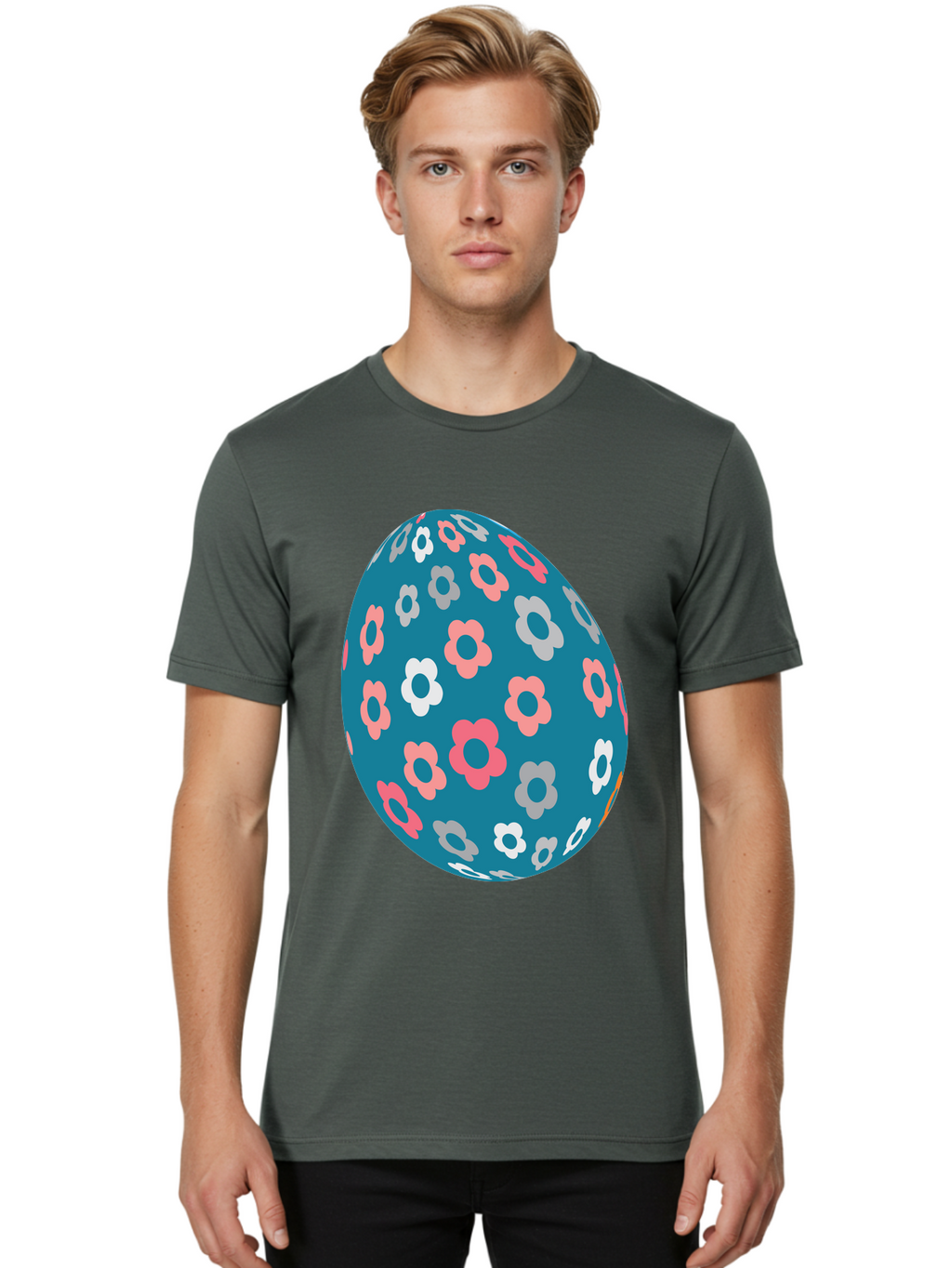 Easter-Egg Men'S Graphic Tee, 100% Cotton, Comfortable Casual Summer Wear, Machine Washable, Blue Easter Egg, Floral Pattern, Pink And White Flowers, Spring Decoration, Easter Egg Decoration, Digital Illustration, Easter Theme, Aac676