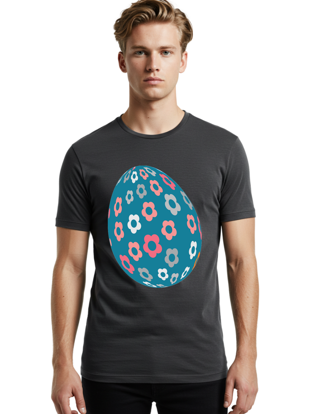 Easter-Egg Men'S Graphic Tee, 100% Cotton, Comfortable Casual Summer Wear, Machine Washable, Blue Easter Egg, Floral Pattern, Pink And White Flowers, Spring Decoration, Easter Egg Decoration, Digital Illustration, Easter Theme, Aac676