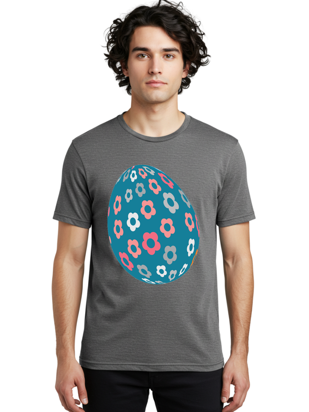 Easter-Egg Men'S Graphic Tee, 100% Cotton, Comfortable Casual Summer Wear, Machine Washable, Blue Easter Egg, Floral Pattern, Pink And White Flowers, Spring Decoration, Easter Egg Decoration, Digital Illustration, Easter Theme, Aac676
