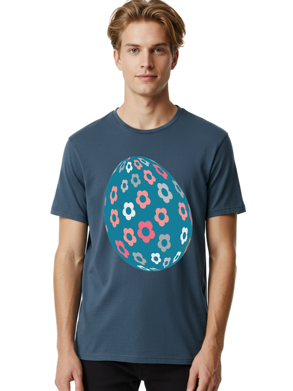 Easter-Egg Men'S Graphic Tee, 100% Cotton, Comfortable Casual Summer Wear, Machine Washable, Blue Easter Egg, Floral Pattern, Pink And White Flowers, Spring Decoration, Easter Egg Decoration, Digital Illustration, Easter Theme, Aac676