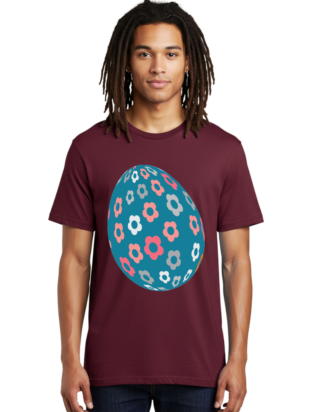 Easter-Egg Men'S Graphic Tee, 100% Cotton, Comfortable Casual Summer Wear, Machine Washable, Blue Easter Egg, Floral Pattern, Pink And White Flowers, Spring Decoration, Easter Egg Decoration, Digital Illustration, Easter Theme, Aac676