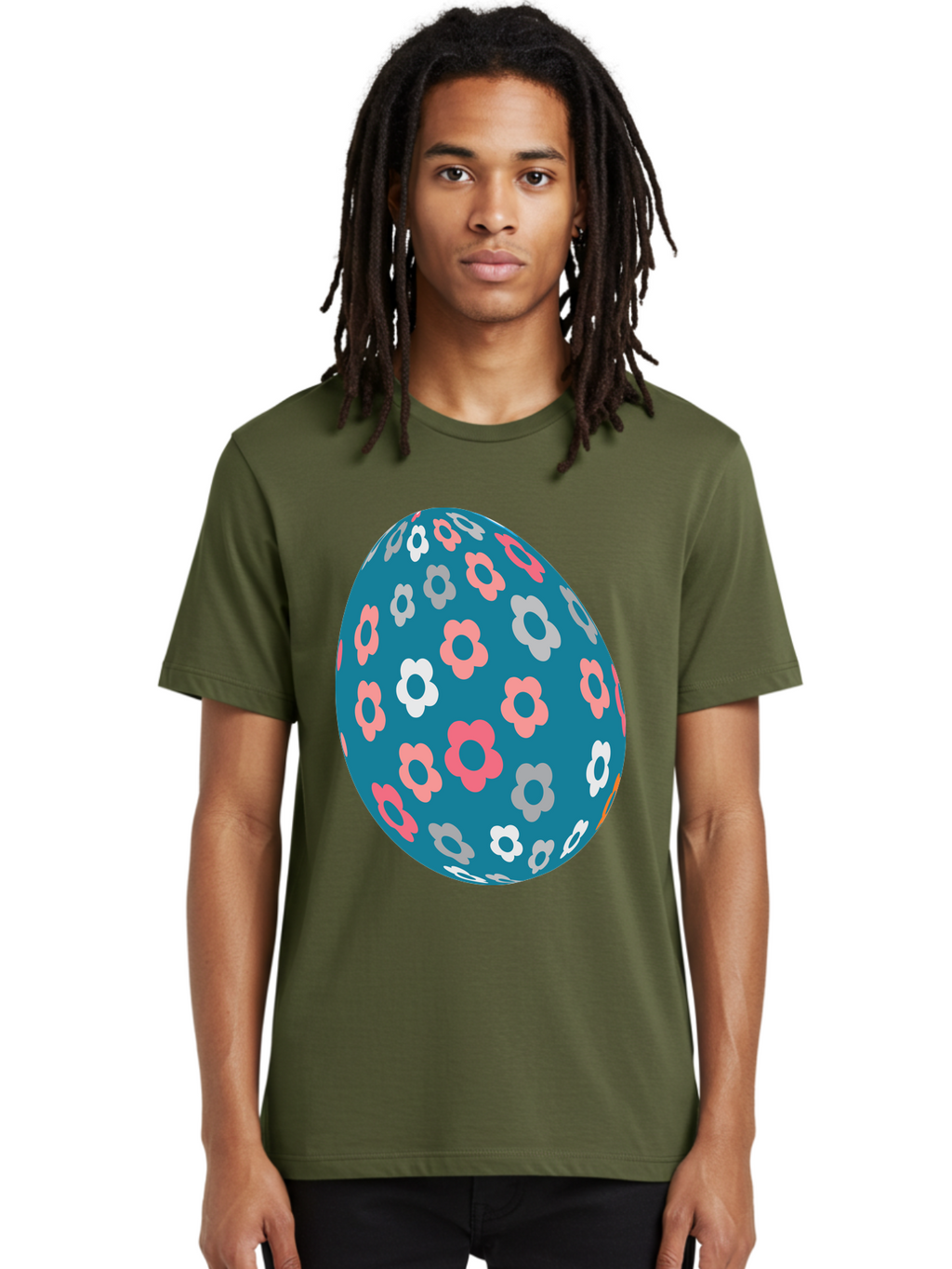 Easter-Egg Men'S Graphic Tee, 100% Cotton, Comfortable Casual Summer Wear, Machine Washable, Blue Easter Egg, Floral Pattern, Pink And White Flowers, Spring Decoration, Easter Egg Decoration, Digital Illustration, Easter Theme, Aac676