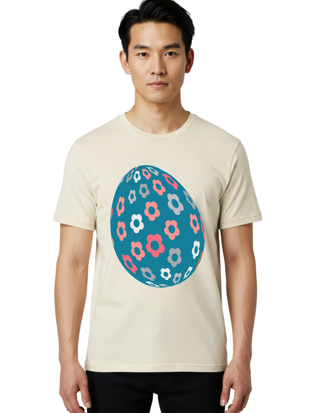 Easter-Egg Men'S Graphic Tee, 100% Cotton, Comfortable Casual Summer Wear, Machine Washable, Blue Easter Egg, Floral Pattern, Pink And White Flowers, Spring Decoration, Easter Egg Decoration, Digital Illustration, Easter Theme, Aac676