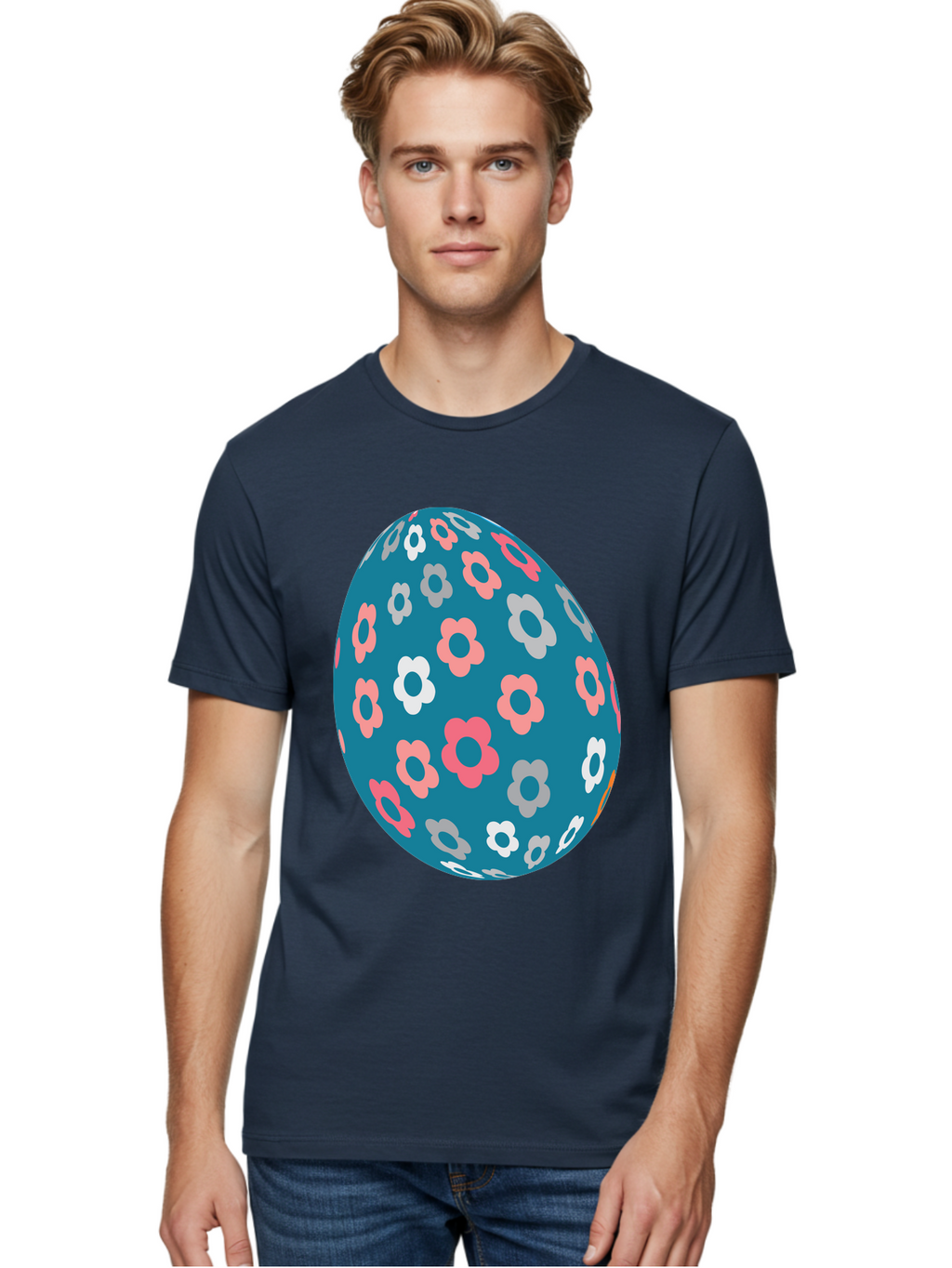 Easter-Egg Men'S Graphic Tee, 100% Cotton, Comfortable Casual Summer Wear, Machine Washable, Blue Easter Egg, Floral Pattern, Pink And White Flowers, Spring Decoration, Easter Egg Decoration, Digital Illustration, Easter Theme, Aac676