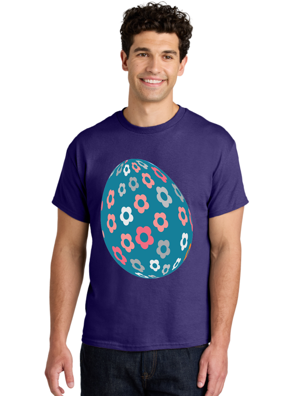 Easter-Egg Men'S Graphic Tee, 100% Cotton, Comfortable Casual Summer Wear, Machine Washable, Blue Easter Egg, Floral Pattern, Pink And White Flowers, Spring Decoration, Easter Egg Decoration, Digital Illustration, Easter Theme, Aac676