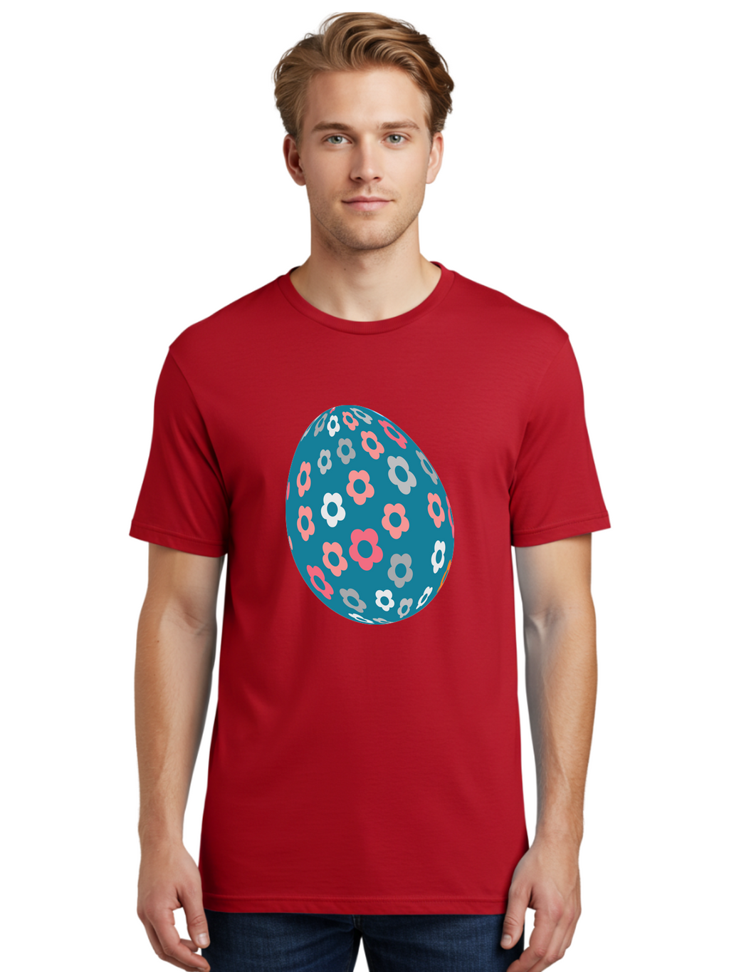 Easter-Egg Men'S Graphic Tee, 100% Cotton, Comfortable Casual Summer Wear, Machine Washable, Blue Easter Egg, Floral Pattern, Pink And White Flowers, Spring Decoration, Easter Egg Decoration, Digital Illustration, Easter Theme, Aac676