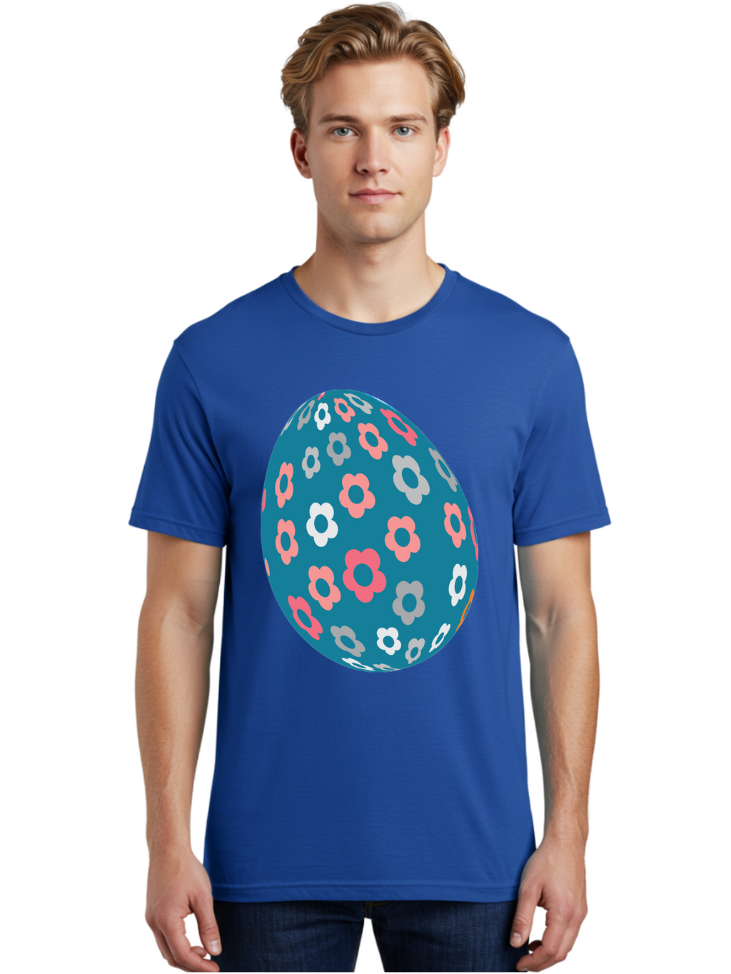 Easter-Egg Men'S Graphic Tee, 100% Cotton, Comfortable Casual Summer Wear, Machine Washable, Blue Easter Egg, Floral Pattern, Pink And White Flowers, Spring Decoration, Easter Egg Decoration, Digital Illustration, Easter Theme, Aac676