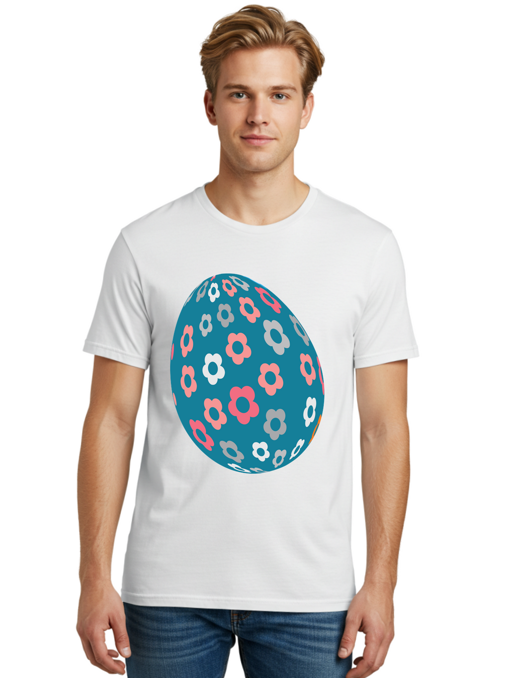 Easter-Egg Men'S Graphic Tee, 100% Cotton, Comfortable Casual Summer Wear, Machine Washable, Blue Easter Egg, Floral Pattern, Pink And White Flowers, Spring Decoration, Easter Egg Decoration, Digital Illustration, Easter Theme, Aac676