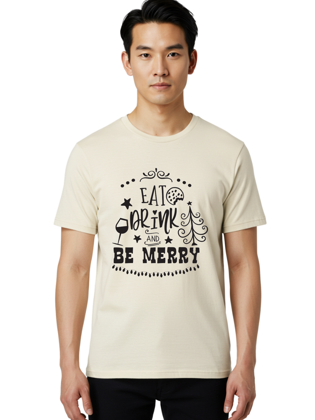 Eat-Drink-And-Be-Merry Men'S Graphic Tee, 100% Cotton, Comfortable Casual Summer Wear, Machine Washable, Holiday Cheer, Festive Vibes, Christmas Celebration, Wine Glass, Cookie, Christmas Tree, Stars, Festive Typography, Joyful Message, Aac679