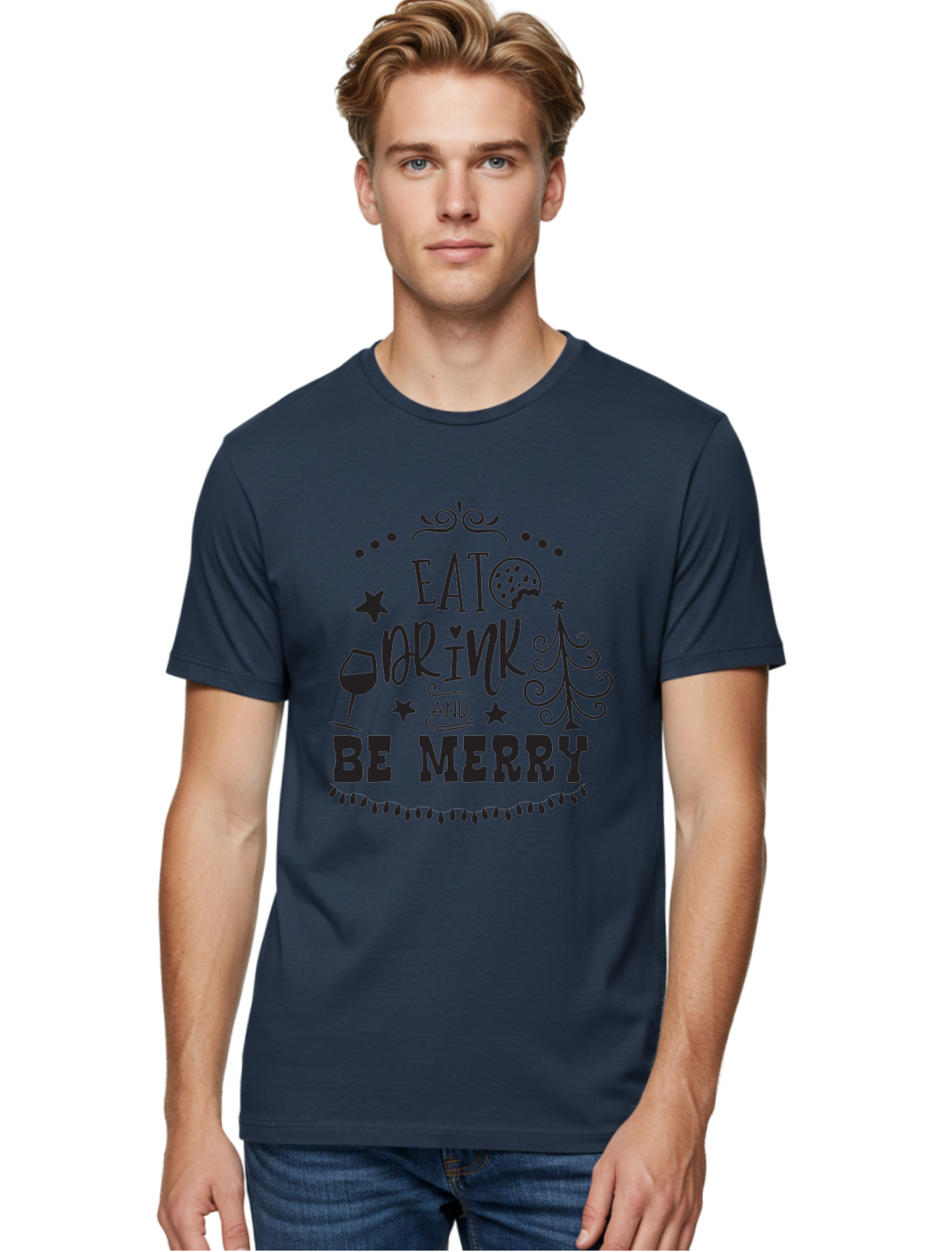 Eat-Drink-And-Be-Merry Men'S Graphic Tee, 100% Cotton, Comfortable Casual Summer Wear, Machine Washable, Holiday Cheer, Festive Vibes, Christmas Celebration, Wine Glass, Cookie, Christmas Tree, Stars, Festive Typography, Joyful Message, Aac679