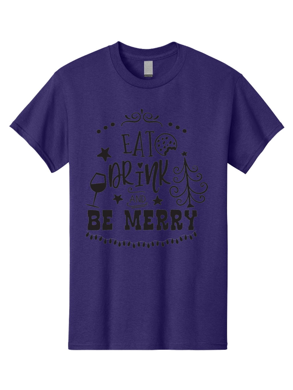 Eat-Drink-And-Be-Merry Men'S Graphic Tee, 100% Cotton, Comfortable Casual Summer Wear, Machine Washable, Holiday Cheer, Festive Vibes, Christmas Celebration, Wine Glass, Cookie, Christmas Tree, Stars, Festive Typography, Joyful Message, Aac679