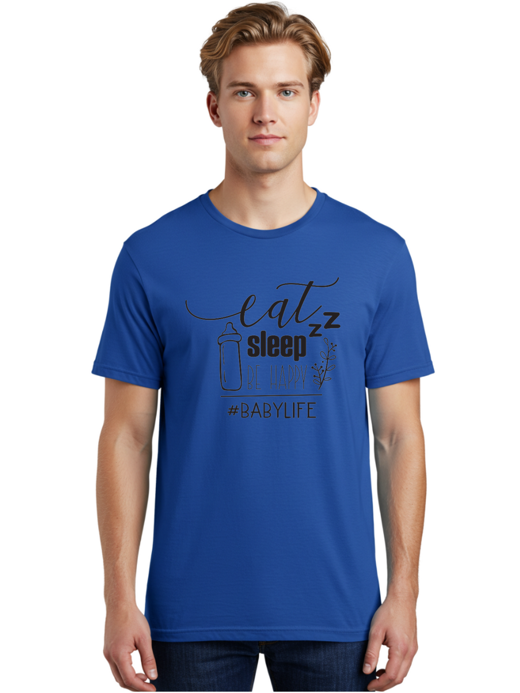 Eat-Sleep-Be-Happy Men'S Graphic Tee, 100% Cotton, Comfortable Casual Summer Wear, Machine Washable, Baby Bottle, Eat Sleep Be Happy, Baby Life, Newborn Care, Parenting Tips, Baby Essentials, Hashtag Babylife, Simple Design, Minimalist Style Aac681