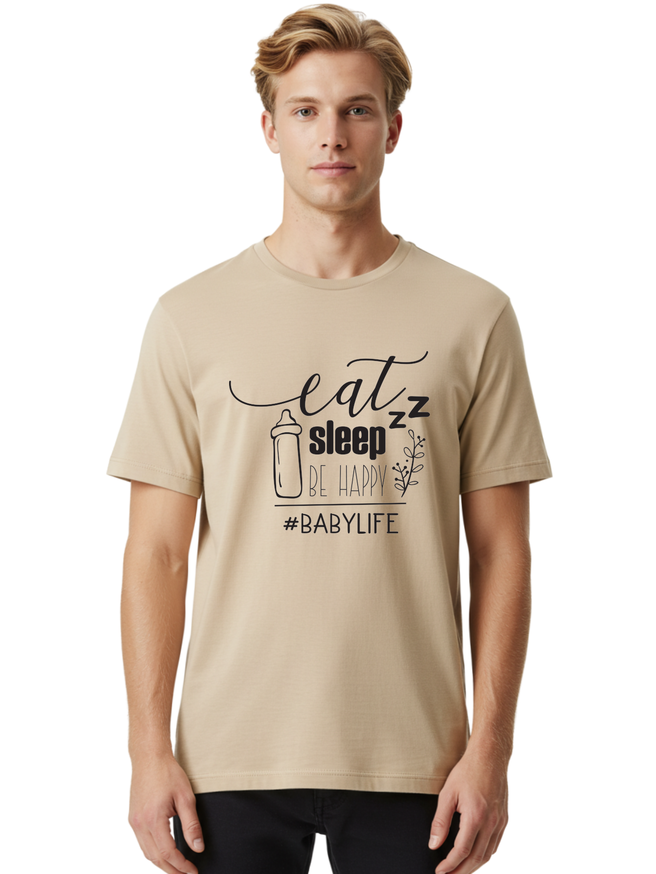 Eat-Sleep-Be-Happy Men'S Graphic Tee, 100% Cotton, Comfortable Casual Summer Wear, Machine Washable, Baby Bottle, Eat Sleep Be Happy, Baby Life, Newborn Care, Parenting Tips, Baby Essentials, Hashtag Babylife, Simple Design, Minimalist Style Aac681