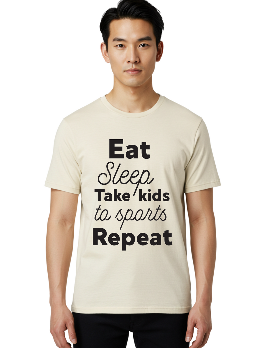 Eat-Sleep-Take-Kids-To-Sports-Repeat Men'S Graphic Tee, 100% Cotton, Comfortable Casual Summer Wear, Machine Washable, Busy Parents, Parenting Life, Family Activities, Kids Sports, Daily Routine, Parenting Humor, Eat Sleep Repeat Aac682