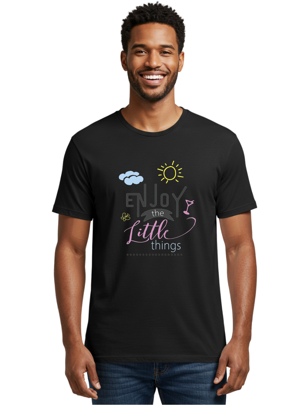 Enjoy-The-Little-Things Men'S Graphic Tee, 100% Cotton, Comfortable Casual Summer Wear, Machine Washable, Inspirational Quote, Motivational Phrase, Enjoy The Little Things, Positive Vibes, Happy Feelings, Sunshine, Cocktail, Relaxation, Aac687
