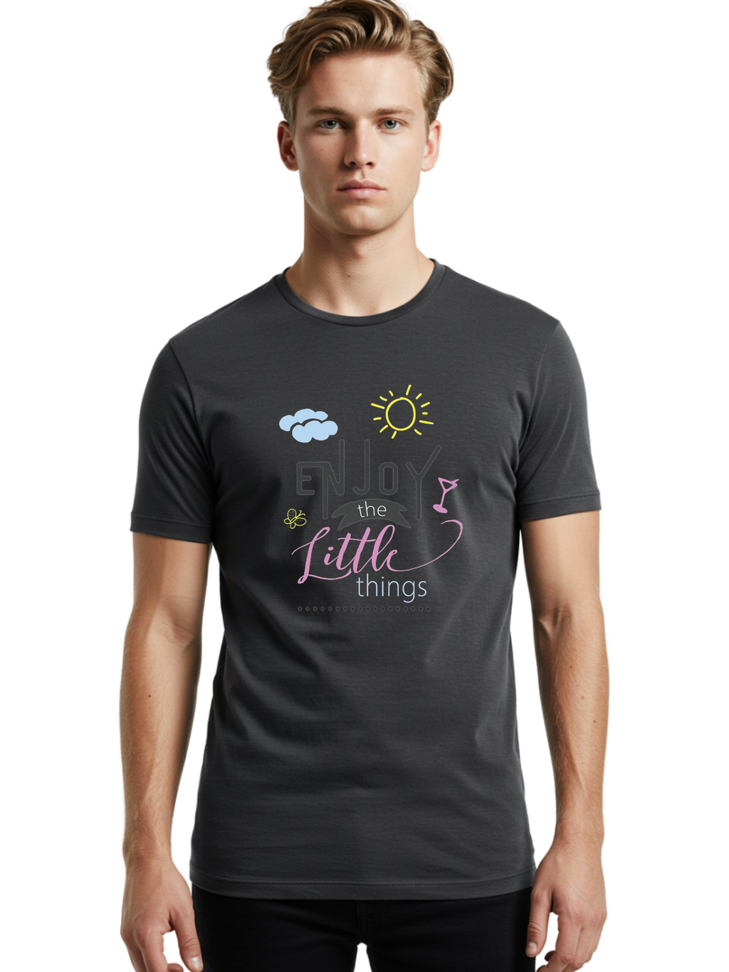 Enjoy-The-Little-Things Men'S Graphic Tee, 100% Cotton, Comfortable Casual Summer Wear, Machine Washable, Inspirational Quote, Motivational Phrase, Enjoy The Little Things, Positive Vibes, Happy Feelings, Sunshine, Cocktail, Relaxation, Aac687