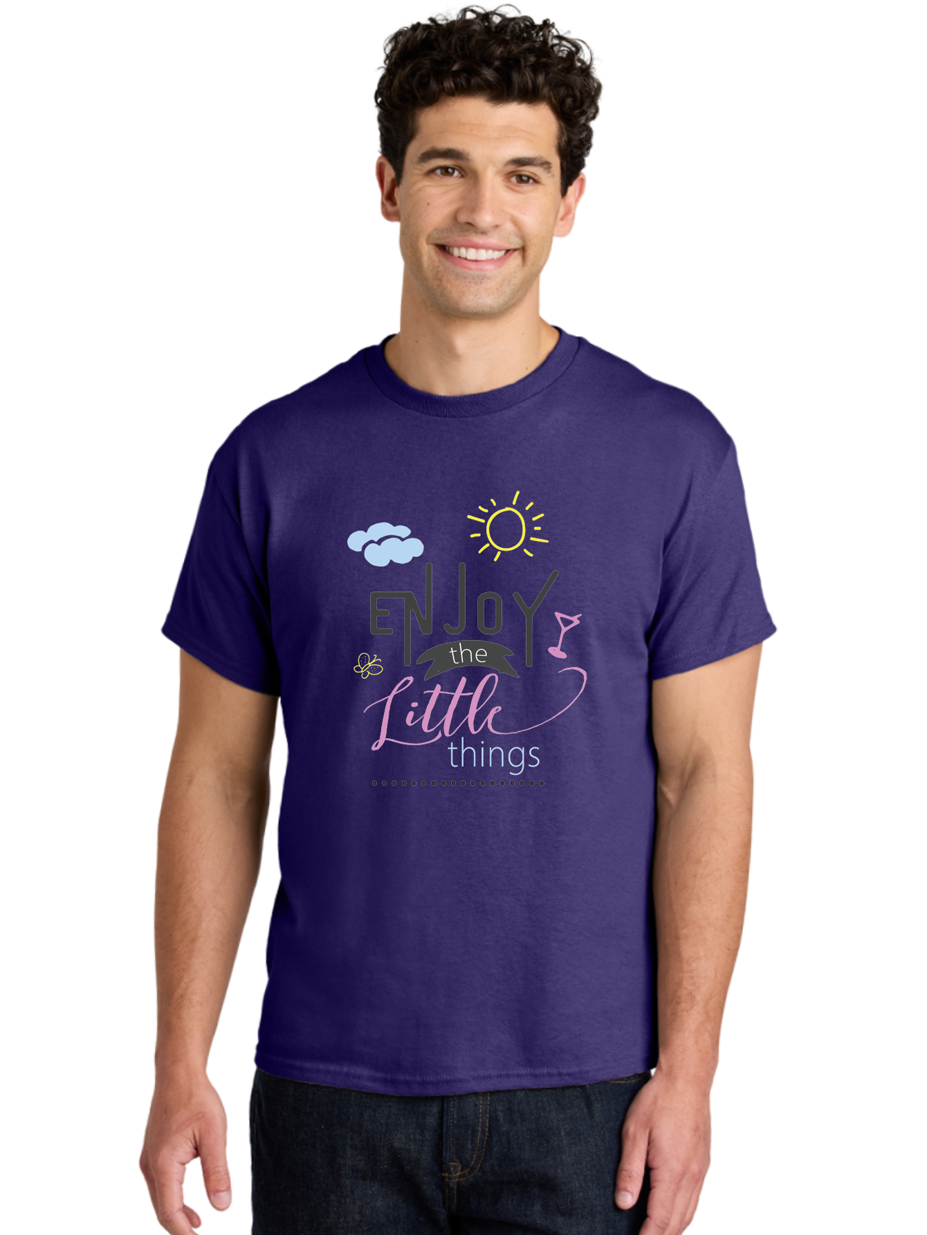 Enjoy-The-Little-Things Men'S Graphic Tee, 100% Cotton, Comfortable Casual Summer Wear, Machine Washable, Inspirational Quote, Motivational Phrase, Enjoy The Little Things, Positive Vibes, Happy Feelings, Sunshine, Cocktail, Relaxation, Aac687