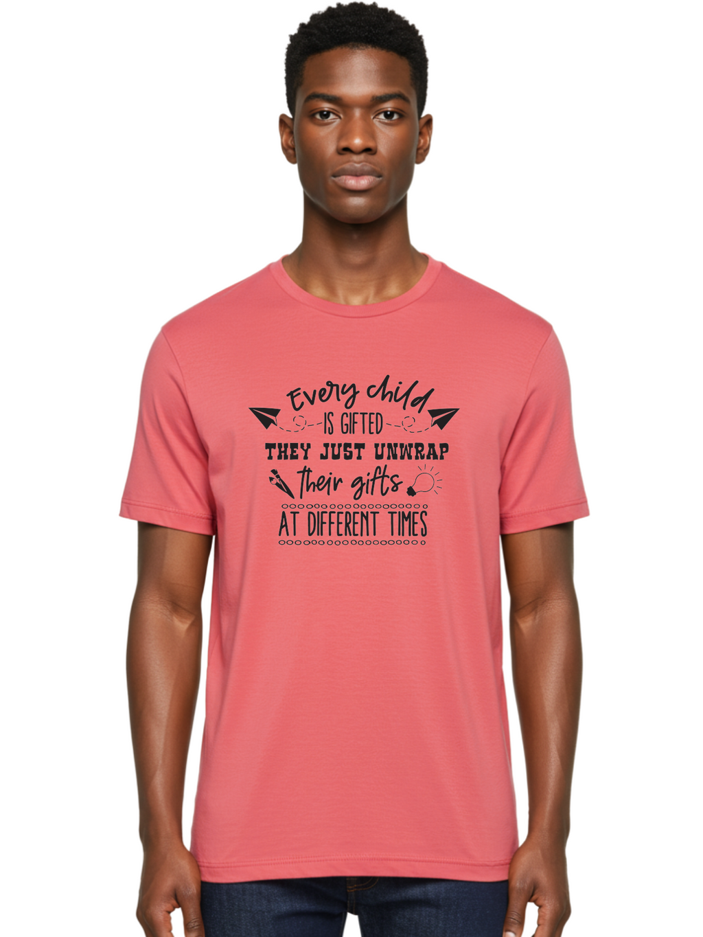 Every-Child-Is-Gifted Men'S Graphic Tee, 100% Cotton, Comfortable Casual Summer Wear, Machine Washable, Inspirational Quote, Motivational Message, Every Child Is Gifted, Different Learning Styles, Unique Abilities, Creativity, Individuality, Aac690