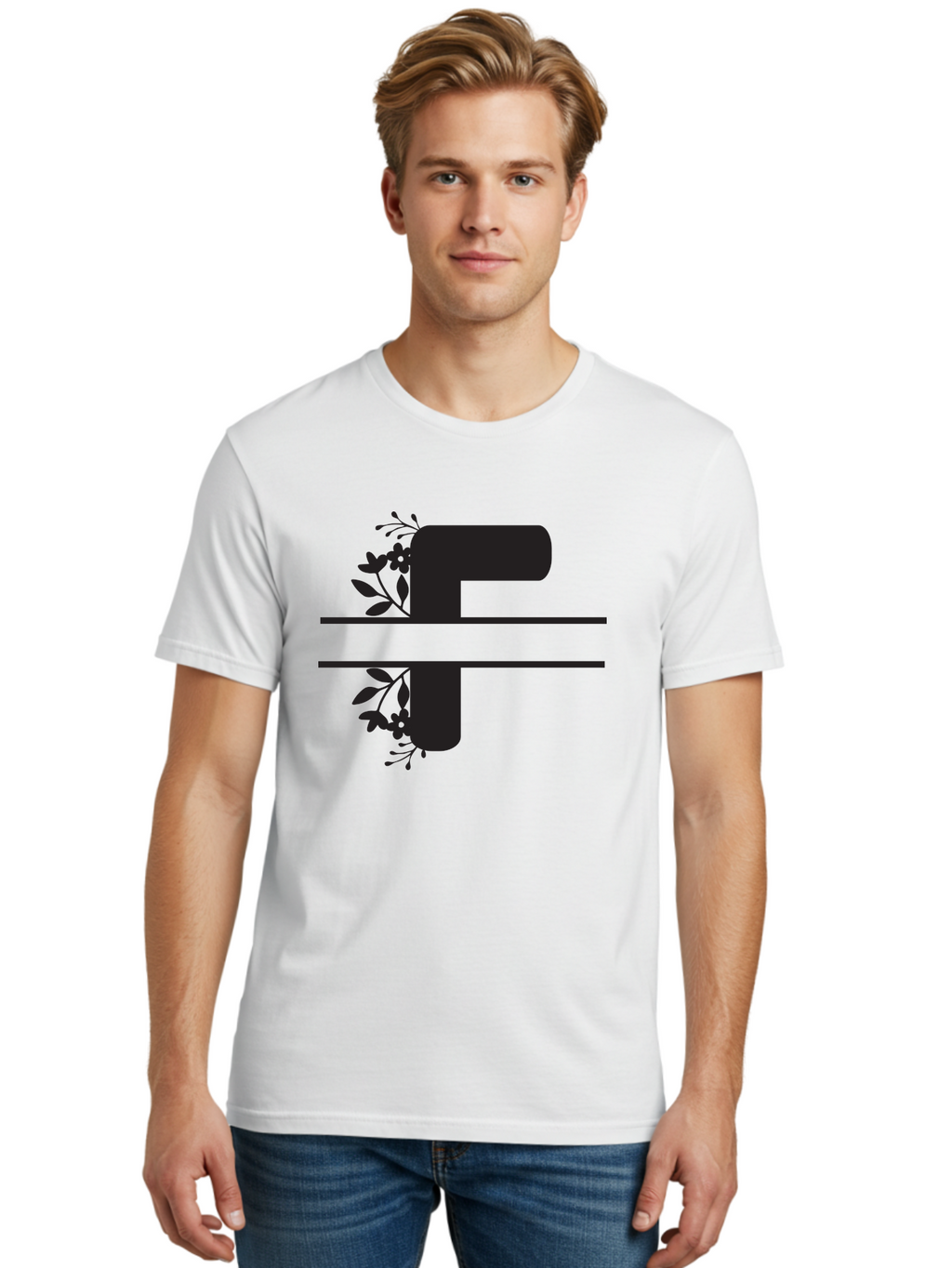 F-1 Men'S Graphic Tee, 100% Cotton, Comfortable Casual Summer Wear, Machine Washable, Floral Alphabet, Letter F, Black Font, Botanical Design, Floral Elements, Leafy Details, Elegant Typography, Decorative Lettering Aac699