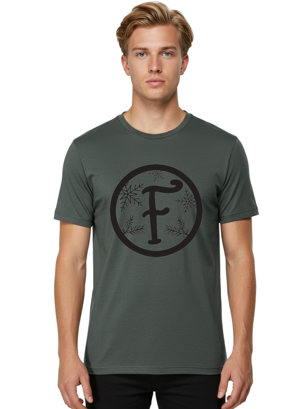 F Men'S Graphic Tee, 100% Cotton, Comfortable Casual Summer Wear, Machine Washable, Black Letter F, Snowflakes, Pine Branches, Winter Theme, Festive Design, Elegant Typography, Circular Frame, Black And Green Color Scheme Aac700