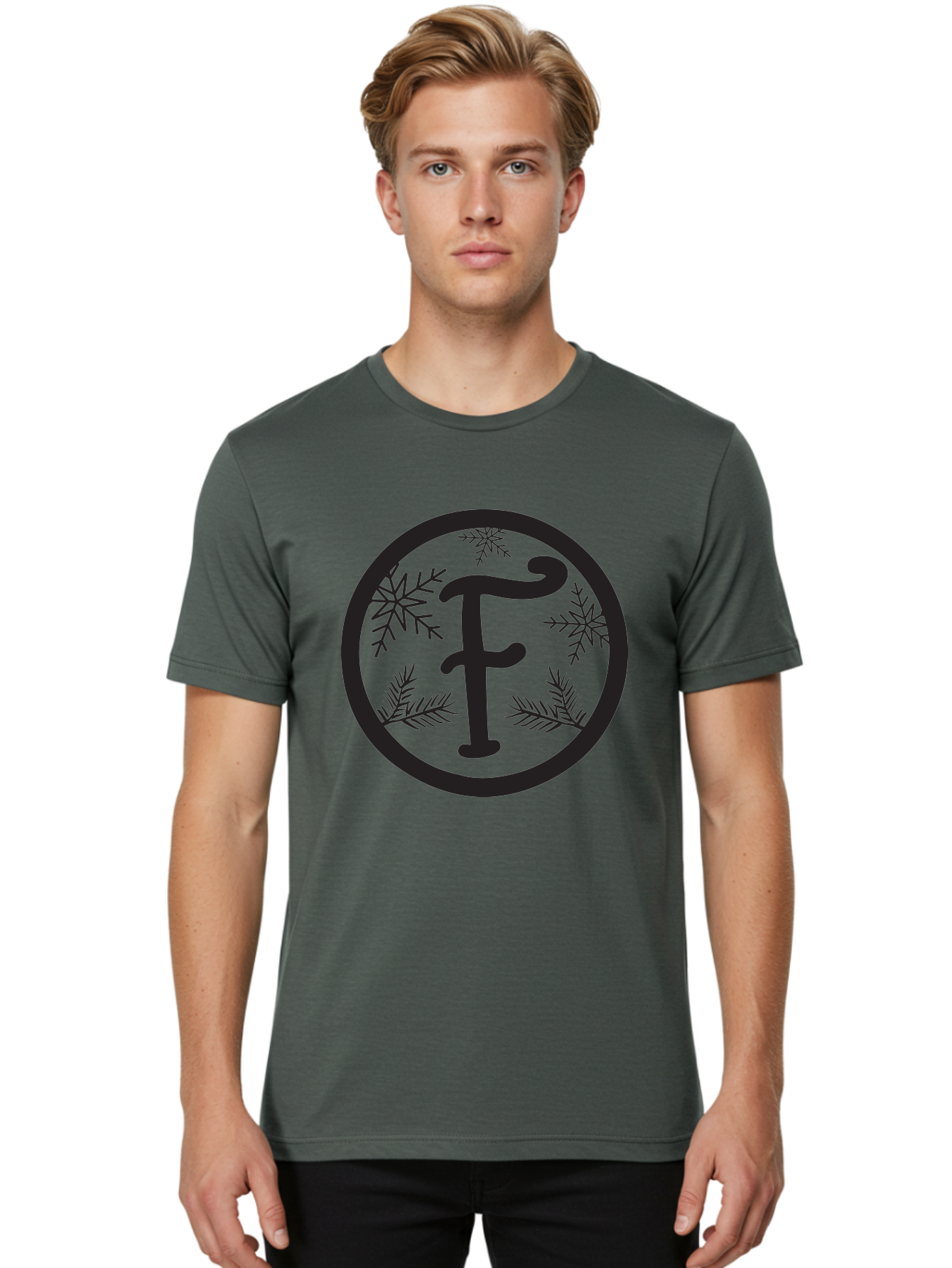 F Men'S Graphic Tee, 100% Cotton, Comfortable Casual Summer Wear, Machine Washable, Black Letter F, Snowflakes, Pine Branches, Winter Theme, Festive Design, Elegant Typography, Circular Frame, Black And Green Color Scheme Aac700