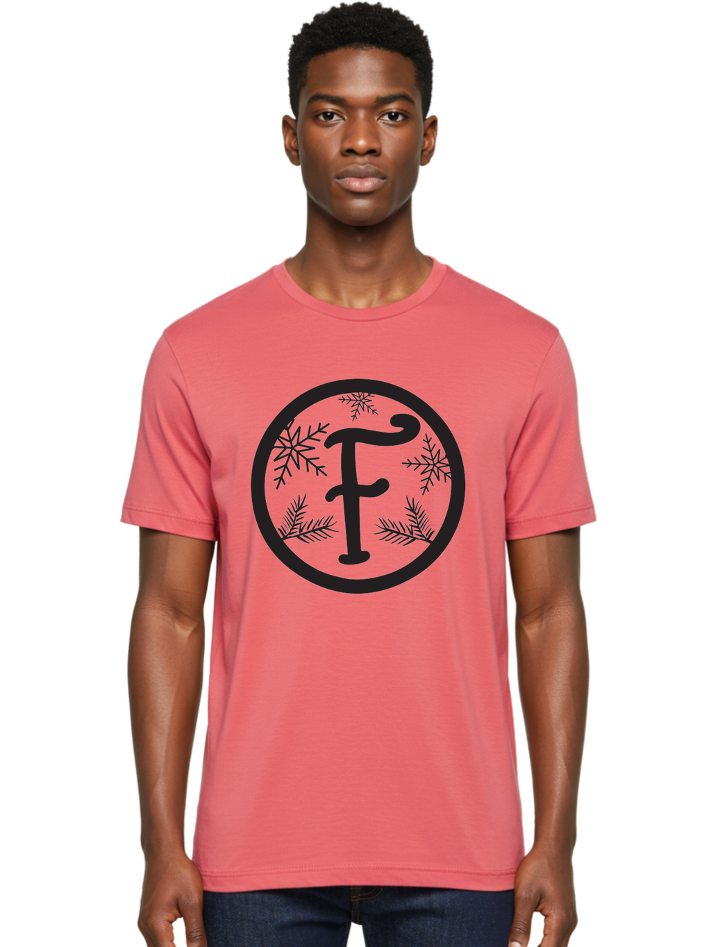 F Men'S Graphic Tee, 100% Cotton, Comfortable Casual Summer Wear, Machine Washable, Black Letter F, Snowflakes, Pine Branches, Winter Theme, Festive Design, Elegant Typography, Circular Frame, Black And Green Color Scheme Aac700