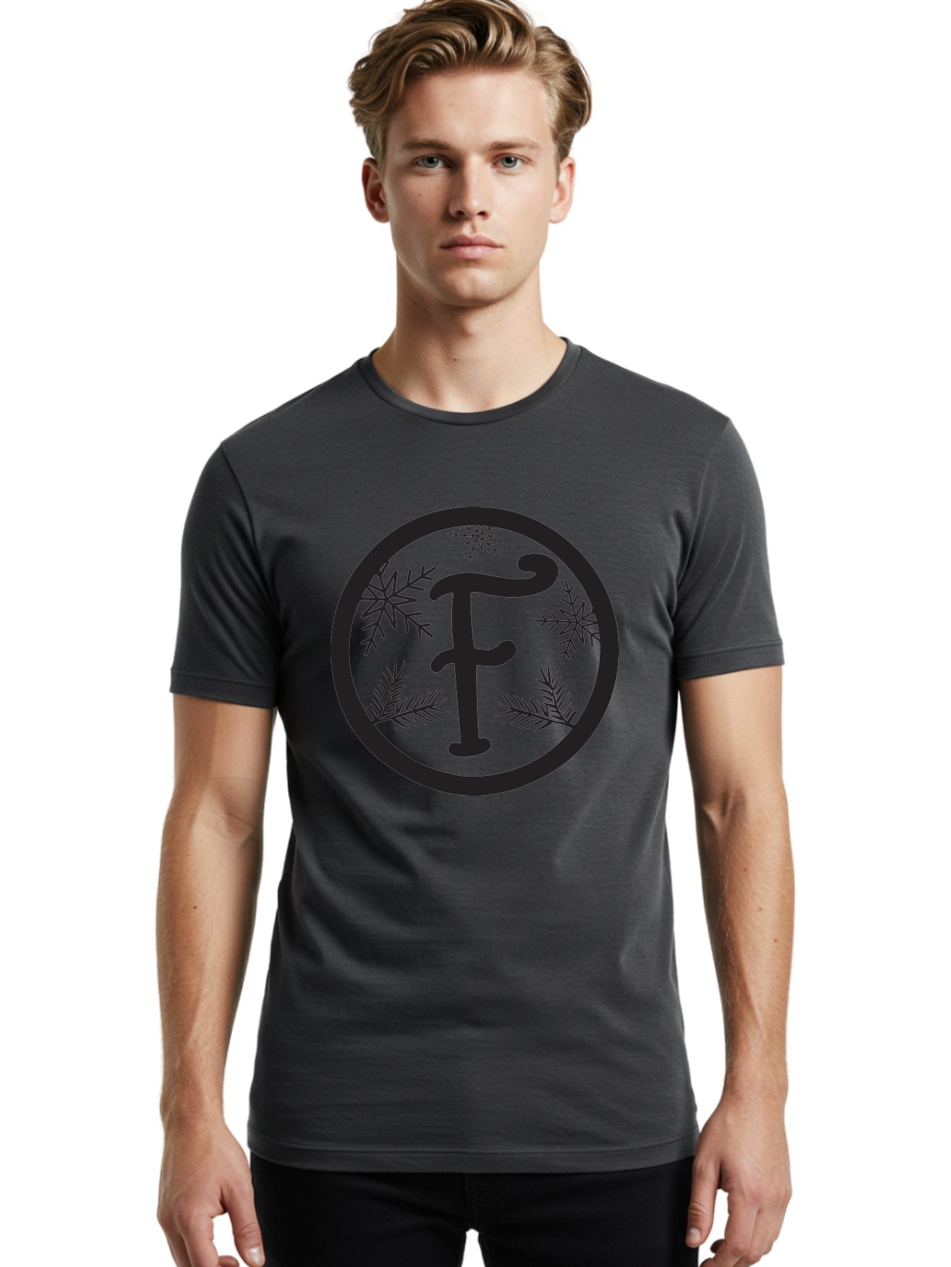 F Men'S Graphic Tee, 100% Cotton, Comfortable Casual Summer Wear, Machine Washable, Black Letter F, Snowflakes, Pine Branches, Winter Theme, Festive Design, Elegant Typography, Circular Frame, Black And Green Color Scheme Aac700