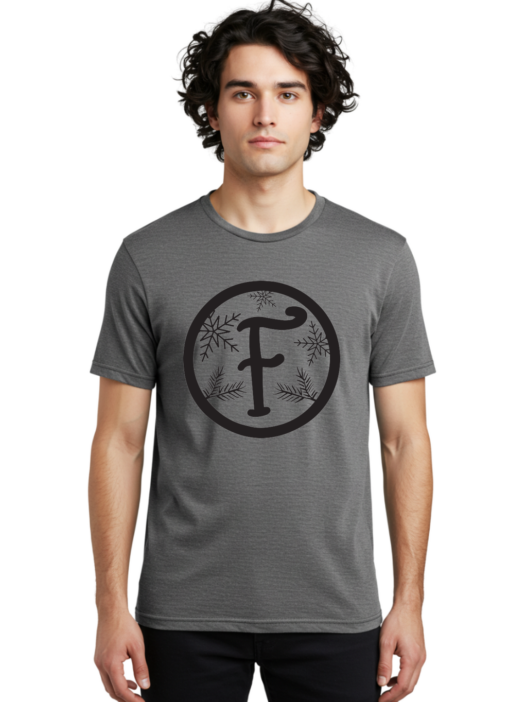 F Men'S Graphic Tee, 100% Cotton, Comfortable Casual Summer Wear, Machine Washable, Black Letter F, Snowflakes, Pine Branches, Winter Theme, Festive Design, Elegant Typography, Circular Frame, Black And Green Color Scheme Aac700