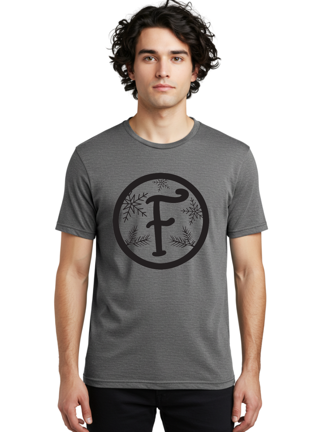 F Men'S Graphic Tee, 100% Cotton, Comfortable Casual Summer Wear, Machine Washable, Black Letter F, Snowflakes, Pine Branches, Winter Theme, Festive Design, Elegant Typography, Circular Frame, Black And Green Color Scheme Aac700