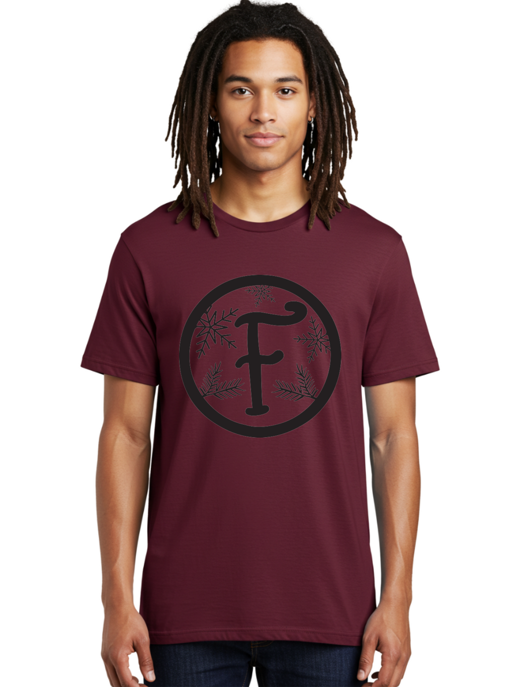 F Men'S Graphic Tee, 100% Cotton, Comfortable Casual Summer Wear, Machine Washable, Black Letter F, Snowflakes, Pine Branches, Winter Theme, Festive Design, Elegant Typography, Circular Frame, Black And Green Color Scheme Aac700
