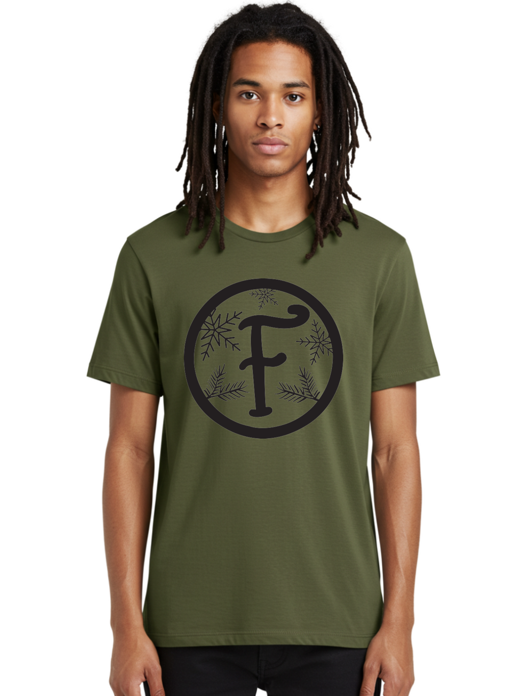 F Men'S Graphic Tee, 100% Cotton, Comfortable Casual Summer Wear, Machine Washable, Black Letter F, Snowflakes, Pine Branches, Winter Theme, Festive Design, Elegant Typography, Circular Frame, Black And Green Color Scheme Aac700