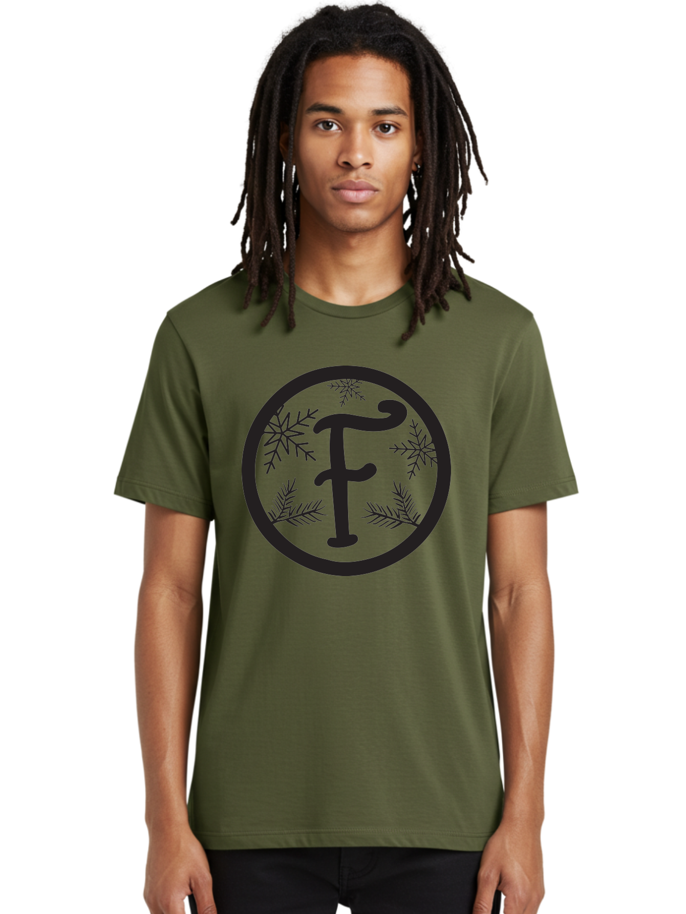 F Men'S Graphic Tee, 100% Cotton, Comfortable Casual Summer Wear, Machine Washable, Black Letter F, Snowflakes, Pine Branches, Winter Theme, Festive Design, Elegant Typography, Circular Frame, Black And Green Color Scheme Aac700