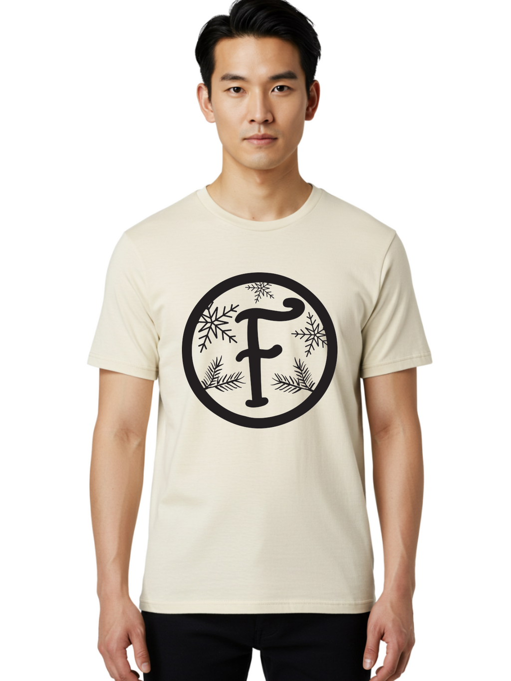 F Men'S Graphic Tee, 100% Cotton, Comfortable Casual Summer Wear, Machine Washable, Black Letter F, Snowflakes, Pine Branches, Winter Theme, Festive Design, Elegant Typography, Circular Frame, Black And Green Color Scheme Aac700