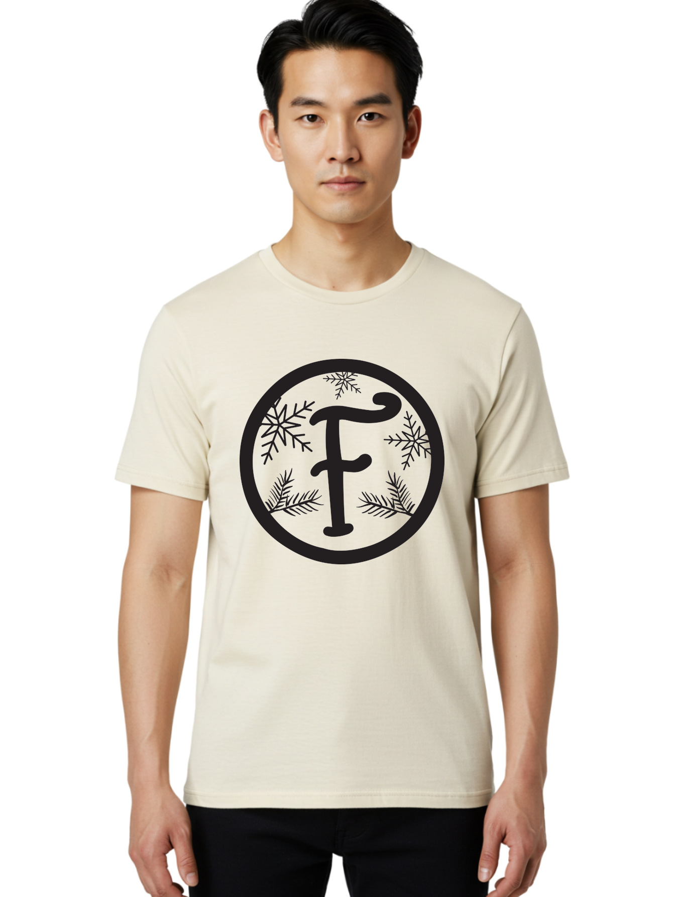 F Men'S Graphic Tee, 100% Cotton, Comfortable Casual Summer Wear, Machine Washable, Black Letter F, Snowflakes, Pine Branches, Winter Theme, Festive Design, Elegant Typography, Circular Frame, Black And Green Color Scheme Aac700