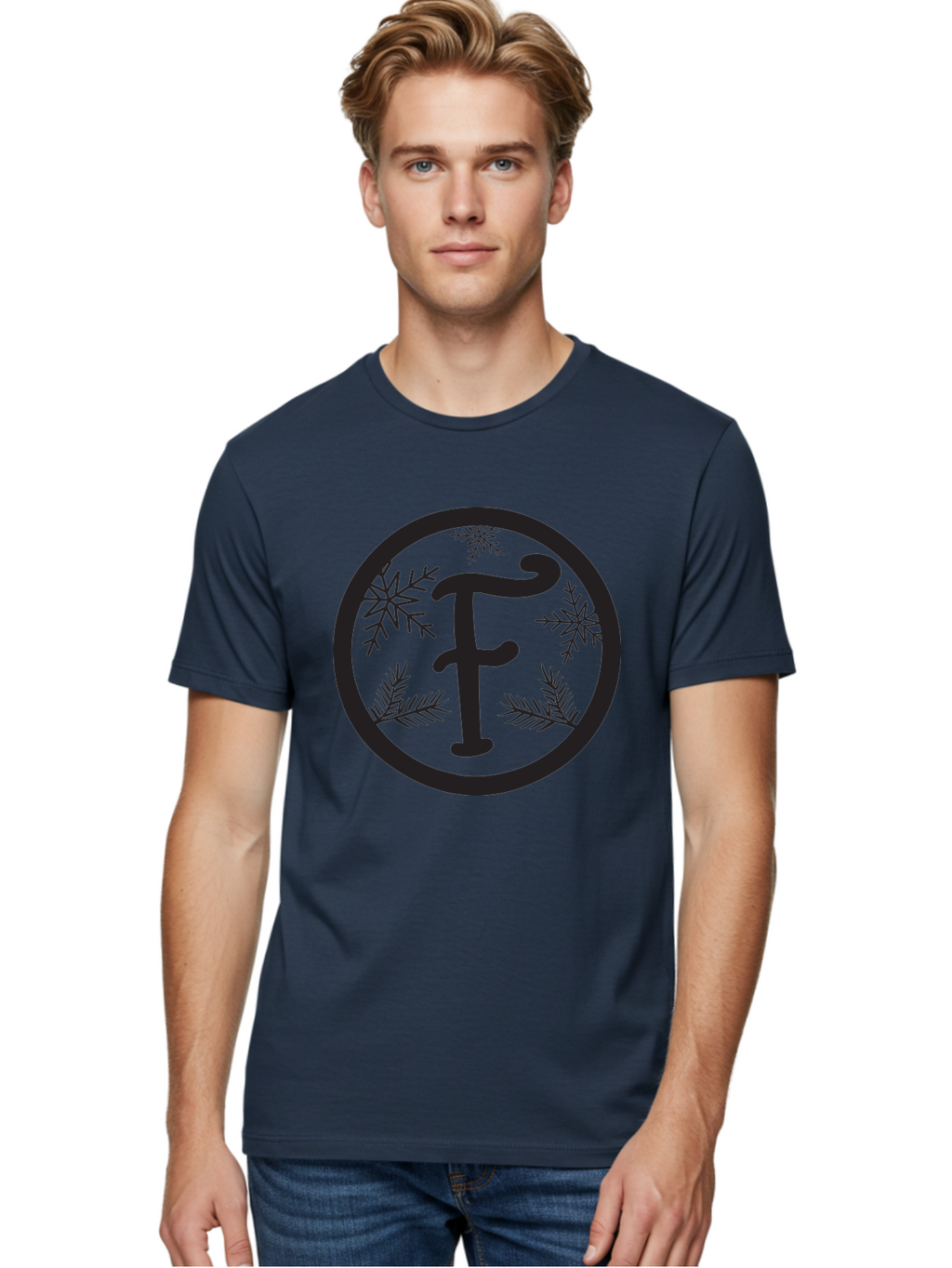 F Men'S Graphic Tee, 100% Cotton, Comfortable Casual Summer Wear, Machine Washable, Black Letter F, Snowflakes, Pine Branches, Winter Theme, Festive Design, Elegant Typography, Circular Frame, Black And Green Color Scheme Aac700