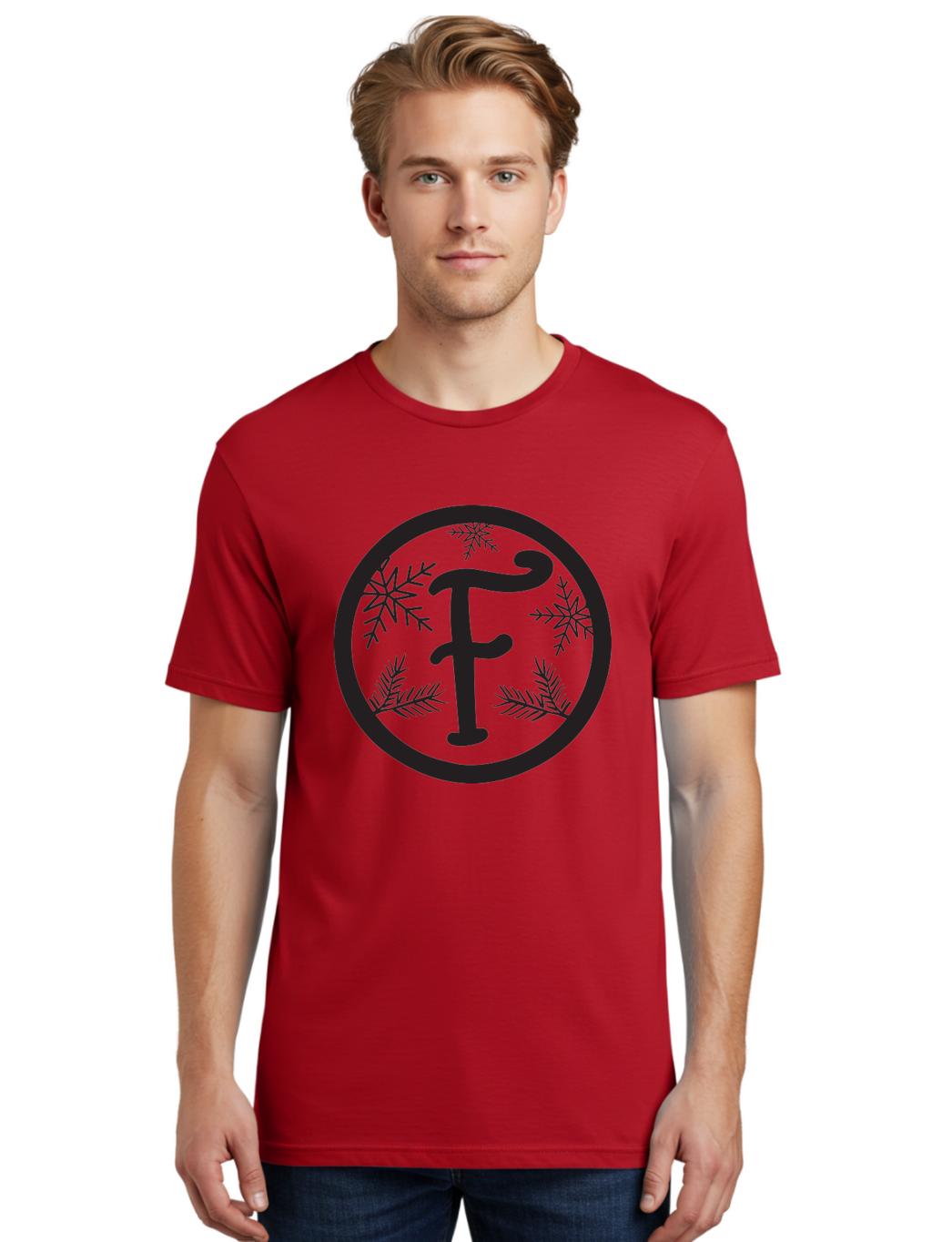 F Men'S Graphic Tee, 100% Cotton, Comfortable Casual Summer Wear, Machine Washable, Black Letter F, Snowflakes, Pine Branches, Winter Theme, Festive Design, Elegant Typography, Circular Frame, Black And Green Color Scheme Aac700