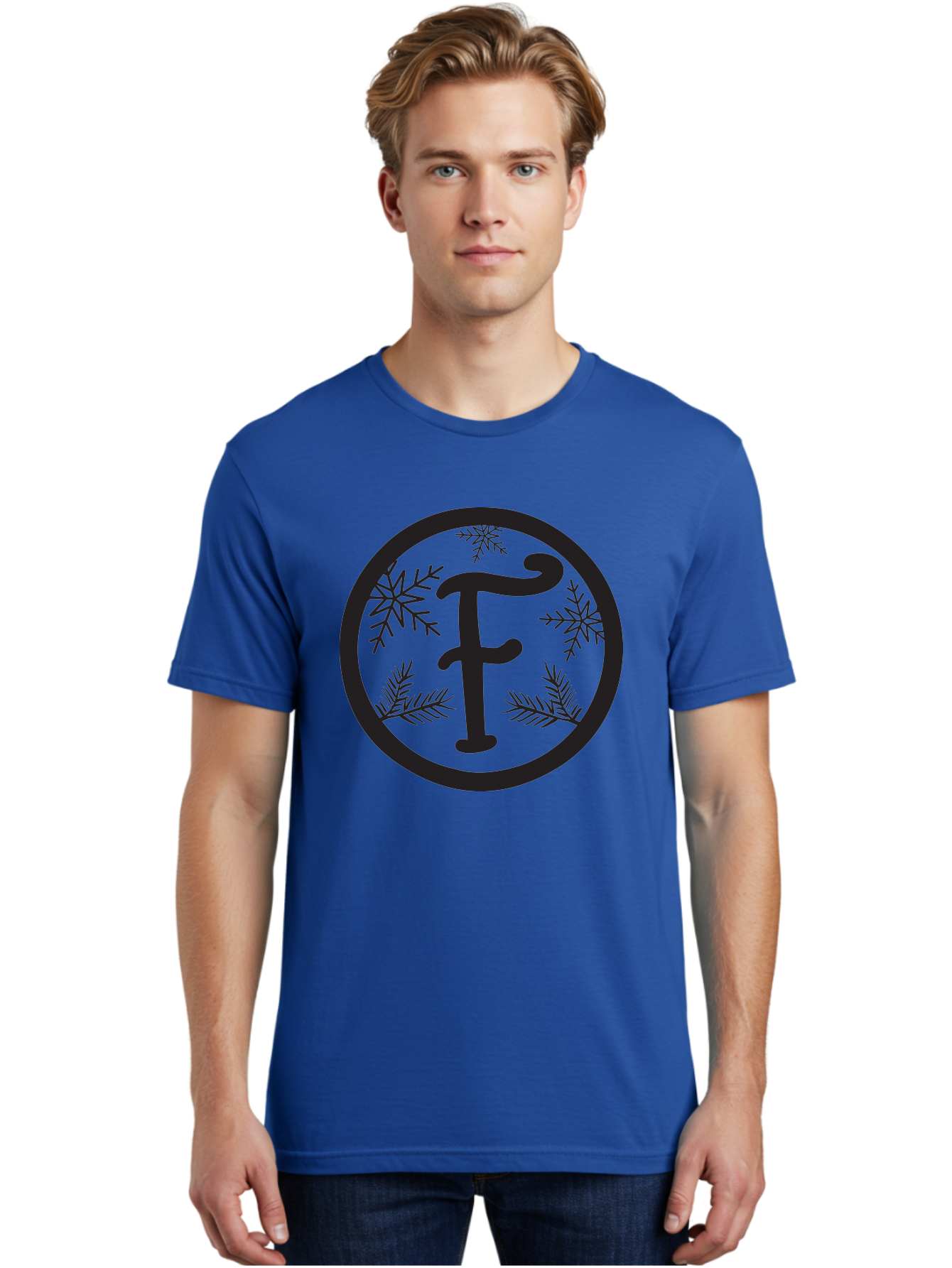 F Men'S Graphic Tee, 100% Cotton, Comfortable Casual Summer Wear, Machine Washable, Black Letter F, Snowflakes, Pine Branches, Winter Theme, Festive Design, Elegant Typography, Circular Frame, Black And Green Color Scheme Aac700