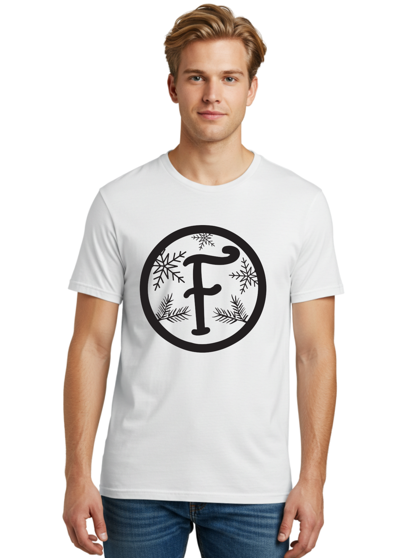 F Men'S Graphic Tee, 100% Cotton, Comfortable Casual Summer Wear, Machine Washable, Black Letter F, Snowflakes, Pine Branches, Winter Theme, Festive Design, Elegant Typography, Circular Frame, Black And Green Color Scheme Aac700