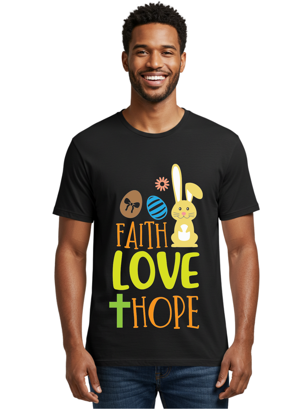 Faith-Love-Hope Men'S Graphic Tee, 100% Cotton, Comfortable Casual Summer Wear, Machine Washable, Easter Bunny, Faith Love Hope, Easter Eggs, Christian Symbolism, Inspirational Quote, Spring Theme, Pastel Colors, Holiday Design Aac703