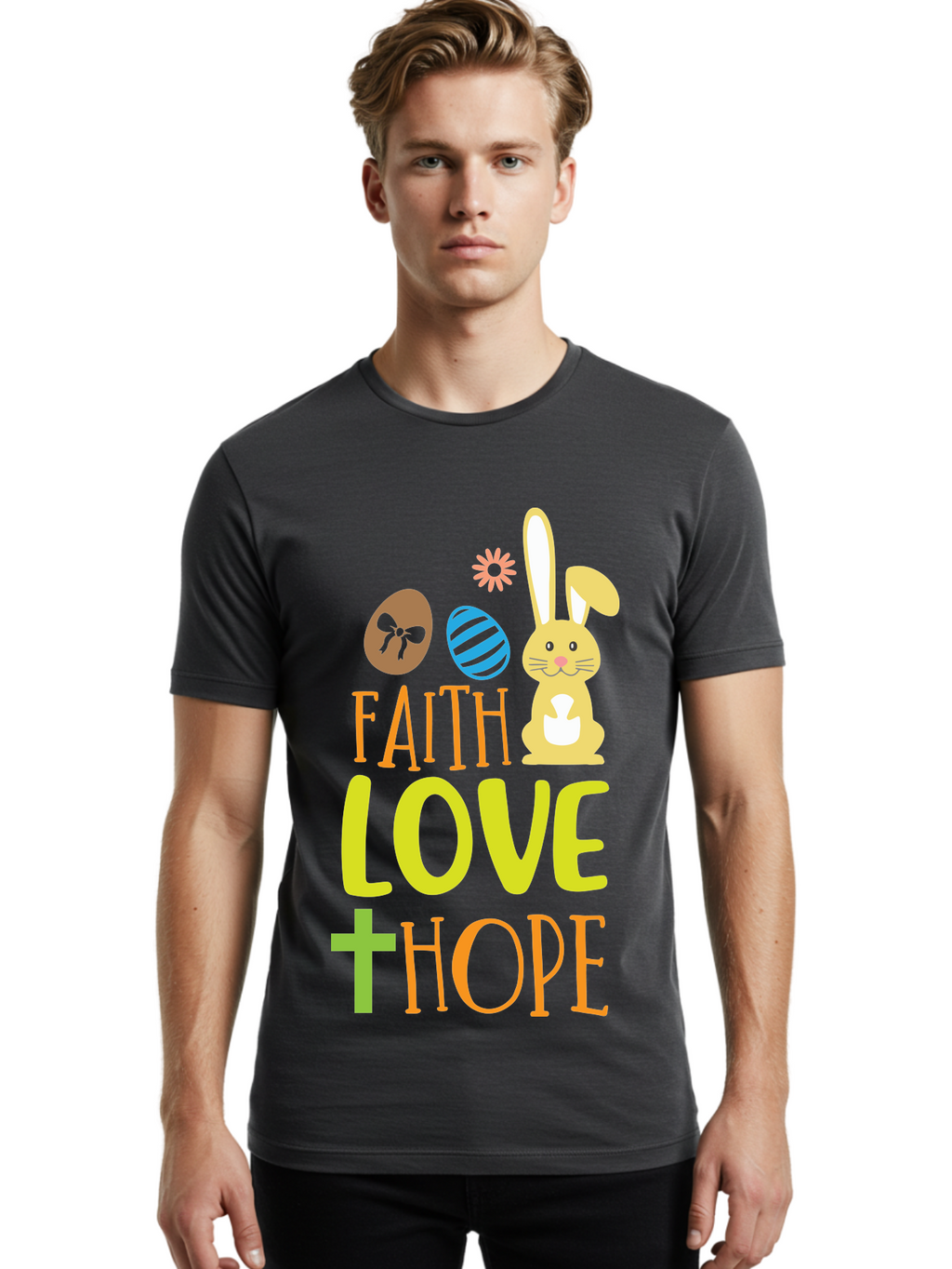 Faith-Love-Hope Men'S Graphic Tee, 100% Cotton, Comfortable Casual Summer Wear, Machine Washable, Easter Bunny, Faith Love Hope, Easter Eggs, Christian Symbolism, Inspirational Quote, Spring Theme, Pastel Colors, Holiday Design Aac703